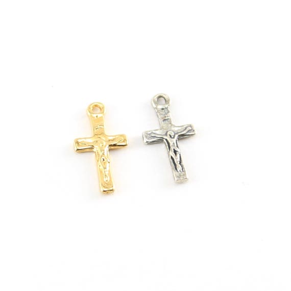 Mini Tiny Little Crucifix Cross Charm With Flat Back in Sterling Silver and Vermeil Gold