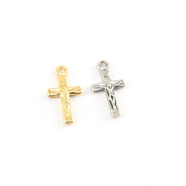 Mini Tiny Little Crucifix Cross Charm With Flat Back in Sterling Silver and Vermeil Gold