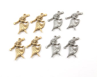 4 Pieces Pewter Princess Fairy Damsel Pixie Charm with Star Wand Fantasy Pendant Inspirational Pendant,  Antique gold, Antique silver