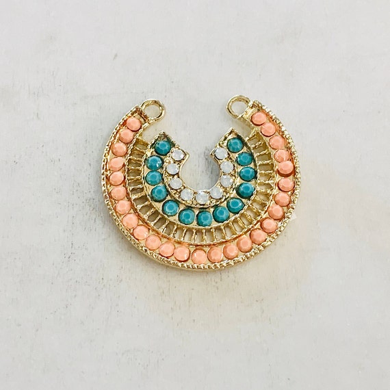 Large Base Metal Colorful Crystal Beaded Tribal Bohemian Double Top Loop Horse Shoe Arc Curve U Shape Box Connector Charm