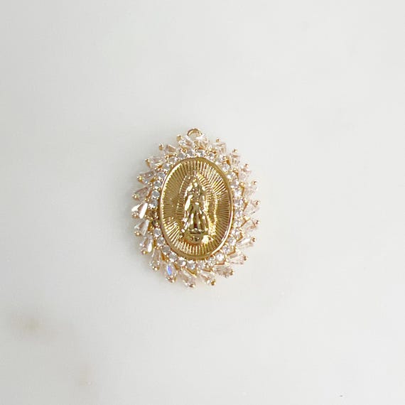 Unique Cubic Zirconia Pavé Mother Mary Charm Detailed CZ Gold Plated Religious Mother Mary Charm