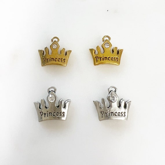 2 Pieces Small Pewter Crown Charm with "Princess" Engraved, Attached Loop, and Clear Crystal in Antique Gold or Antique Silver