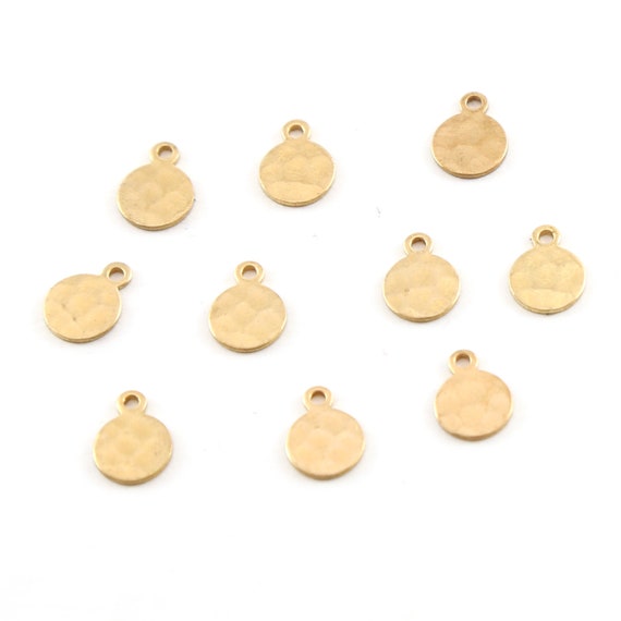 10 Pieces Tiny 9mm x 7mm Raw Brass Metal Hammered Stamping Blank Circle Coin Charm with Loop Pendant