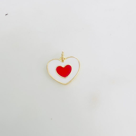 White Enamel Heart Charm with Red Heart in Center, Gold Plated Heart Pendant Valentine's Day, Mother's Day Friendship Charm, Love Charm