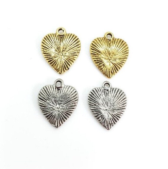 2 Pieces Pewter Textured Heart Charm, Jewelry Making Supplies ,Necklace, Pendant, Antique Gold, Antique Silver