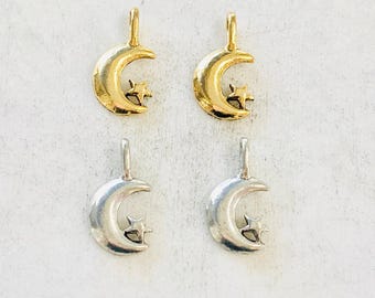 2 pieces pewter small crescent moon attached star celestial pendant antique gold, antique silver