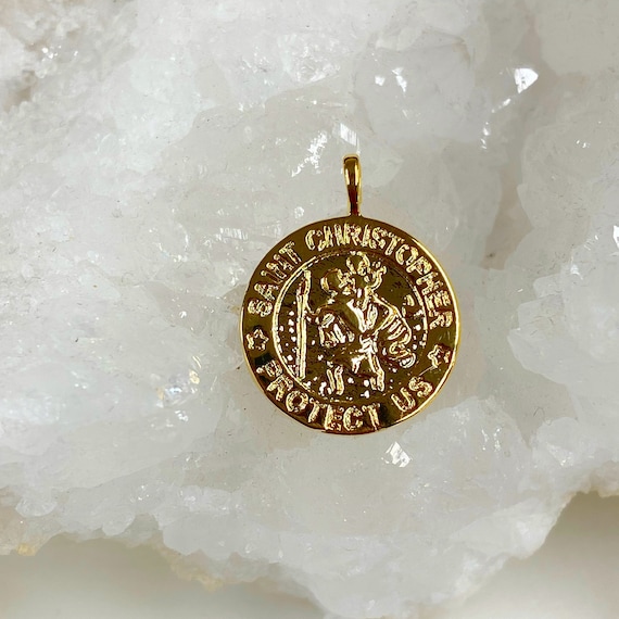 Saint Christopher Protect Us Simple Round Coin Medallion Pendant Charm Gold Plated Catholic Religious Charms