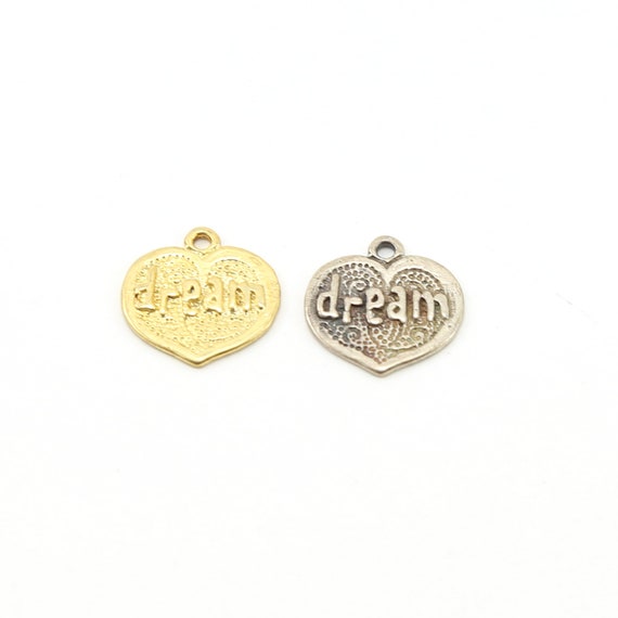 Textured Dream Heart Inspirational Word Charm Love Pendant in Sterling Silver or Vermeil Gold