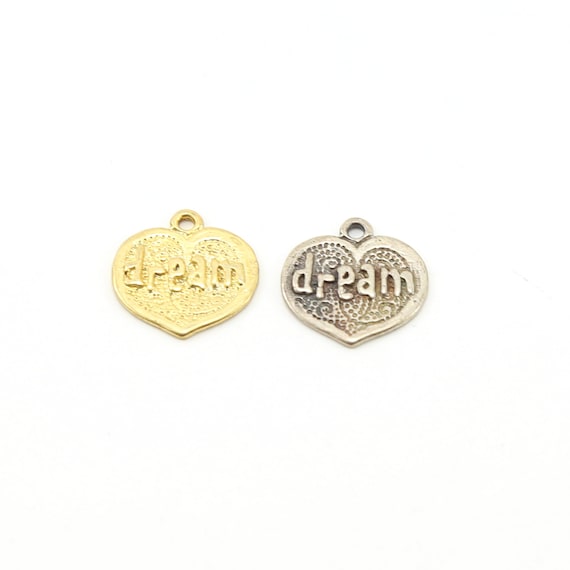 Textured Dream Heart Inspirational Word Charm Love Pendant in Sterling Silver or Vermeil Gold