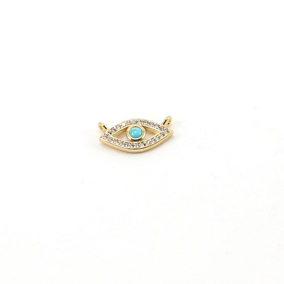 Gold Pave CZ Evil Eye Connector with Blue Stone Protector Pendant Rhodium Plated Necklace Charm