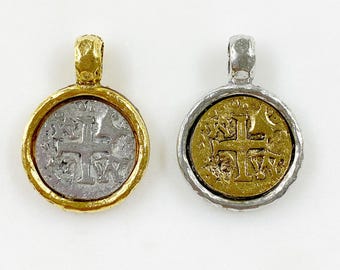 Medieval double sided cross coin pendant charm pewter base metal silver and gold pendant religious spiritual catholic christianity necklace
