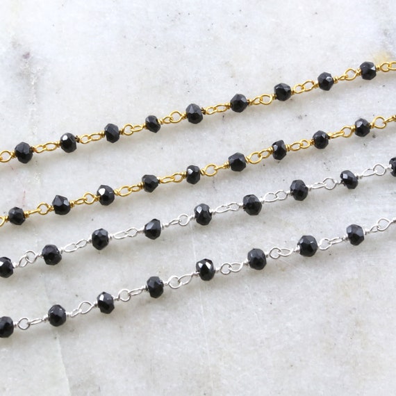 Dainty Black Spinel Rosary Beaded Wire Wrapped Chain Sterling Silver or Vermeil  / Sold by the Foot / Bulk Unfinished Chain /