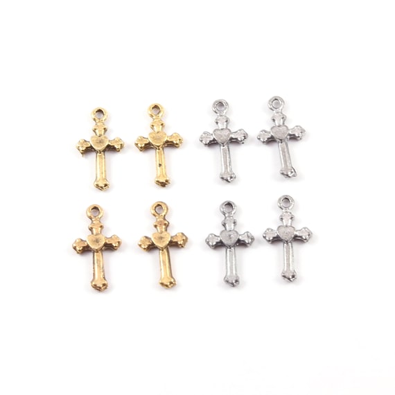 4 Pieces Pewter Base Metal Mini Cross Charm with Heart in Center Pendant Religious Spiritual Catholic Christianity Necklace Charm