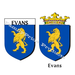 Op de afbeelding: Een blauw en gouden heraldisch schild met een leeuw die opstaat, een kroon en de tekst "EVANS".