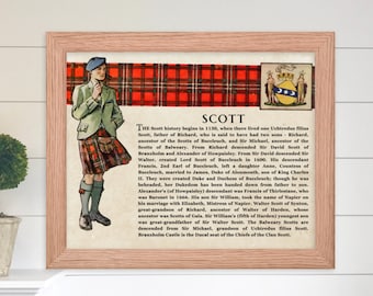 Impresión artística de pared del clan escocés Clan Scott, póster de historia escocesa vintage, regalo de historia familiar, impresión rústica de póster histórico de Escocia