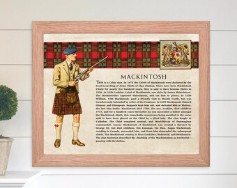 Plakat z historią nazwiska Mackintosh w stylu szkockim, prezent z historią rodziny, historyczny plakat Szkocji