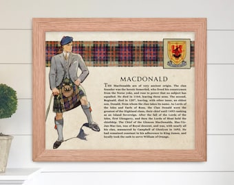 Impresión digital de arte mural del clan escocés MacDonald, póster vintage de historia escocesa, regalo de historia familiar, póster histórico de Escocia.