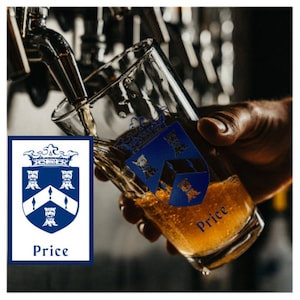 Custom Family Coat of Arms Pint Glass in Navy, Family Crest Sublimated Beer Drinking Glass, 16 oz Glass
