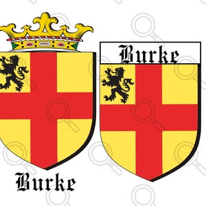 Puede incluir: Un escudo heráldico amarillo y rojo con un león negro rampante, una corona dorada y el texto "Burke" en negro.