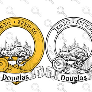 Peut inclure: Deux versions d'un blason héraldique avec une salamandre et l'inscription "Jamais Arriere" dans un cercle. Le blason comprend une bannière avec le nom "Douglas". Une version est dorée, l'autre en noir et blanc.