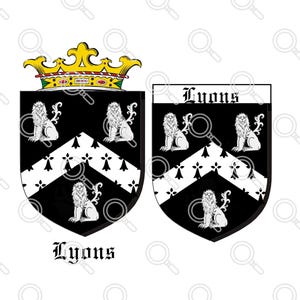 May include: Black and white heraldic shield with a gold crown above it. The shield features a chevron with three fleurs-de-lis and three lions. The text "Lyons" appears below the shield.