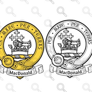 Puede incluir: Un escudo heráldico amarillo y negro con una corona, una cruz y el texto "PER MARE PER TERRAS" y "MacDonald".