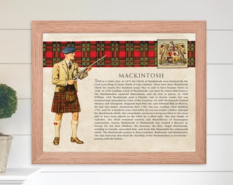 Plakat ścienny z historią nazwiska Mackintosh w stylu szkockim, prezent z historią rodziny i Szkocji