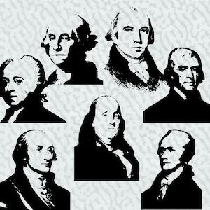May include: Black and white silhouette images of seven historical figures, including George Washington, Benjamin Franklin, and Alexander Hamilton.