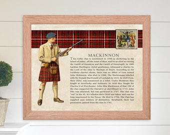 Arte mural del clan escocés MacKinnon. Póster vintage de la historia de los McKinnon escoceses. Regalo de historia familiar. Escocia histórica.