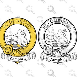 以下が含まれることがあります： 猪の頭と「Ne. Obliviscaris」と「Campbell」の文字が書かれた紋章の白黒イラストです。