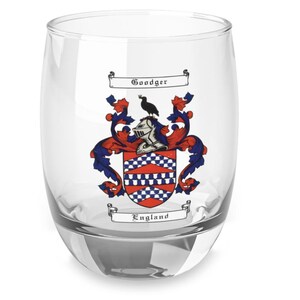 Goodger - Custom Order Family Crest Whiskey Glass Coat of Arms Gift Bar Glass