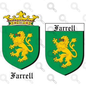 May include: Two heraldic crests featuring a gold lion rampant on a green shield. One crest is topped with a gold crown. The name "Farrell" is displayed below the crests in black text.