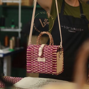 Mini Pink Wicker Basket Bag: Handmade Portuguese Straw and Leather Purse