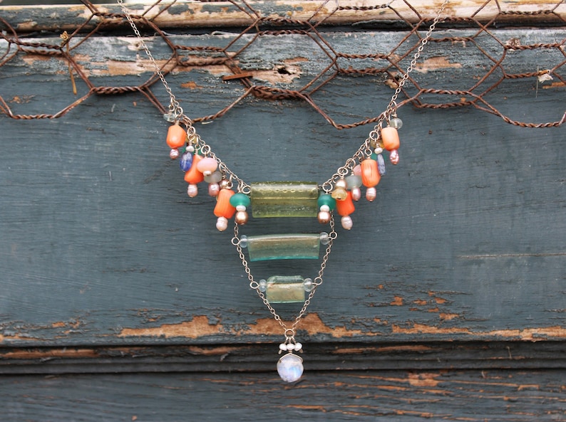 sterling cluster necklace silver statement piece Roman Glass birthstone choker 925 Gemstone Bib artisan made healing crystal red carpet.