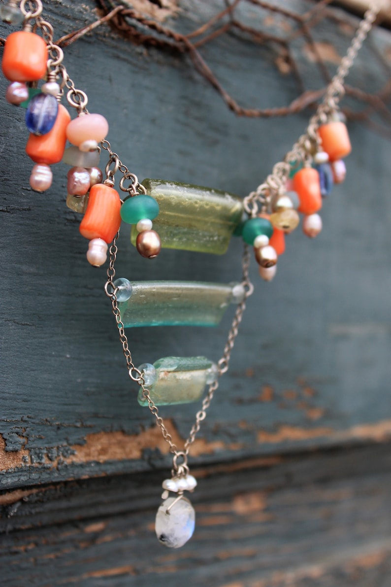 sterling cluster necklace silver statement piece Roman Glass birthstone choker 925 Gemstone Bib artisan made healing crystal red carpet.