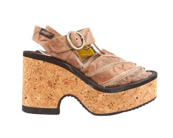 DESTROY PLATFORM HEELS / Sandals / True 1990s / Cork / Leather / Plateau / Brown Beige / Clubkid / Chunky / Cult / Vintage / 90s 00s y2k