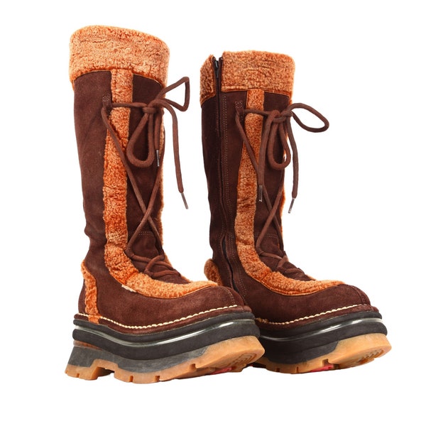 Super Rare Art Platform Boots / Brown Teddy High Shaft 2000s Vintage Boots / Winter /Chunky / Clubkid / Raver / Berlin / Leather