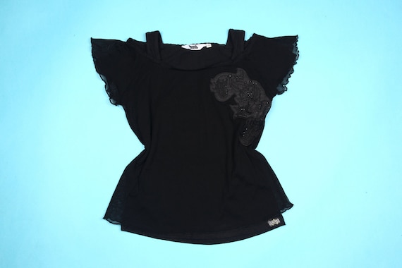 90'S MESH t-shirt with flower detail and ruffle sl