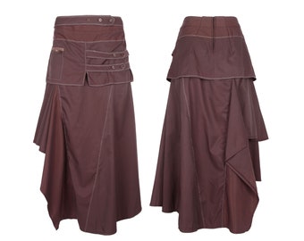 2000s Vintage Skirt / Asymmetrical Paneled Deconstructed / Y2K 00s Over Layer Mini Skirt With Pocket / Belt / Brown / White Contrast Stitch