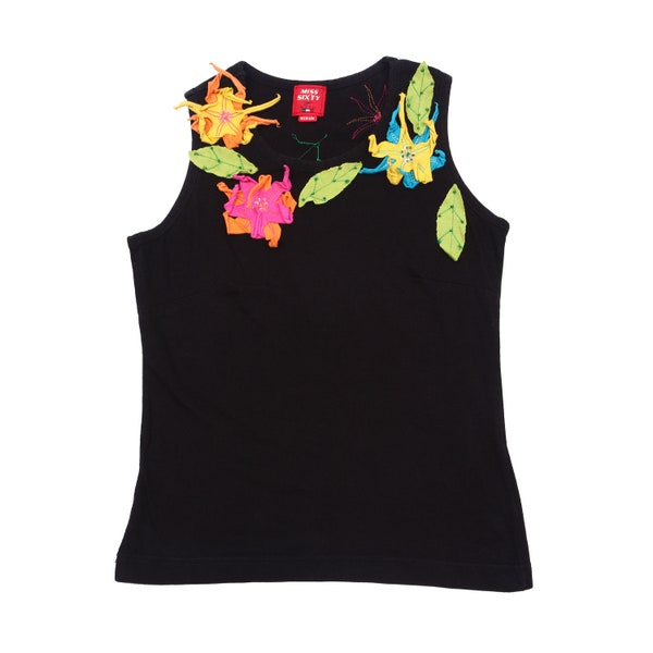 Miss Sixty 2000s Vintage Top / Black Cotton Top With Multi-Color Floral Detailing / Y2K 00s 90s / Stretchy / Italian / Cute Fairy Romantic