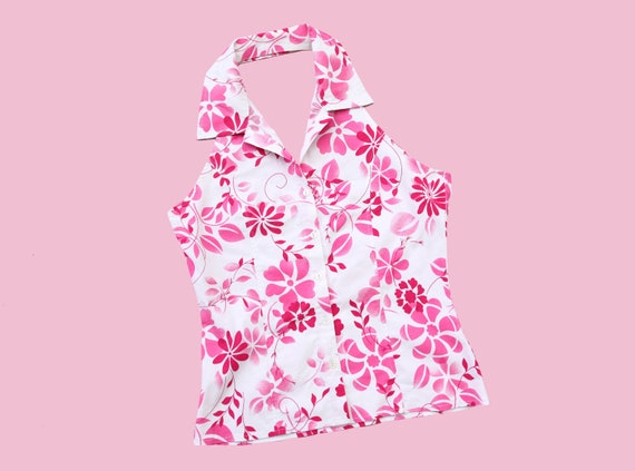 Y2K PINK TOP / collared top with buttons / flowe