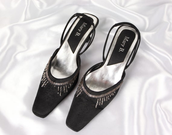 90'S SLINGBACK HEELS / Black Mules / Glitter stone