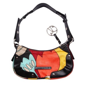 Coccinelle Canvas Cloth Multicolor Shoulderbag / Handbag / Small Baguette Bag / Leather Strap /