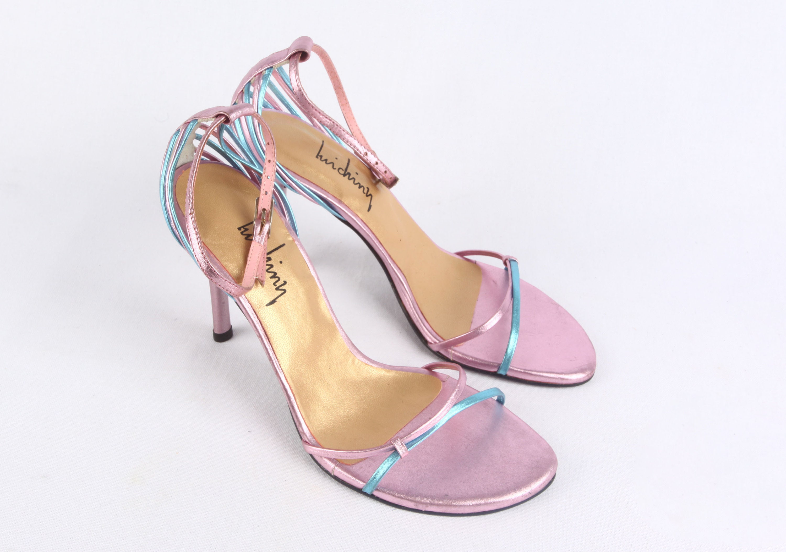 LUICHINY Y2K HEELS / light pink and blue metallic straps / Etsy