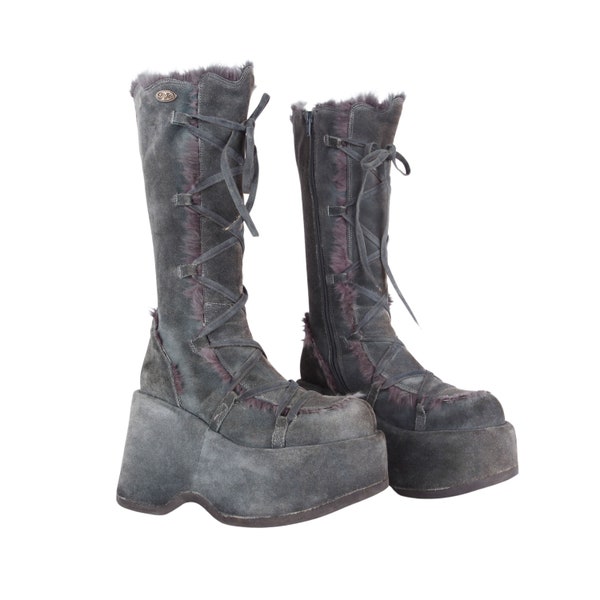 BUFFALO Gothic Grunge Raver 1990er Jahre Plateau Stiefel / Wildleder Leder mit Fell Detail Snow Moon Plateau Stiefel Seltene Vintage 90er Jahre Harajuku Original