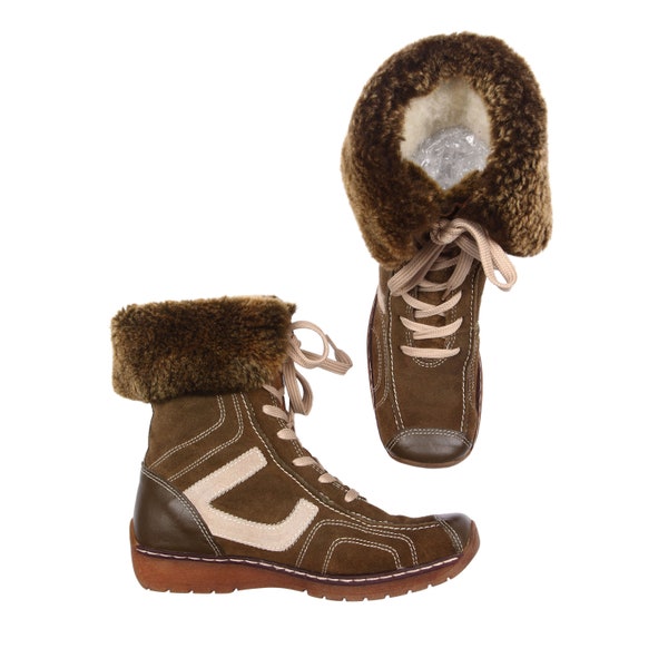 2000s Vintage Square-Toed Winter Boots Lined With Faux Fur / Khaki Green Sporty Moto Biker Boxer / Y2k Boots / Midi Shaft / Lace-Up