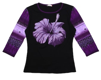 Black & Purple 2000s Mesh Top With Floral Print / 3/4 Sleeves / Y2k vintage top