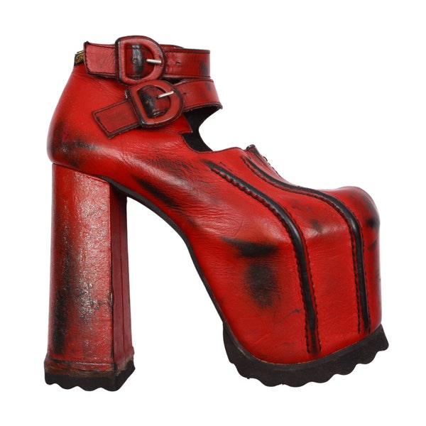 1990s Original BUFFALO Mega Platform Booties / Red / 16cm Lita platform shoes / Made In Spain / Rave Clubkid Chunky Whiskering Hige Leather