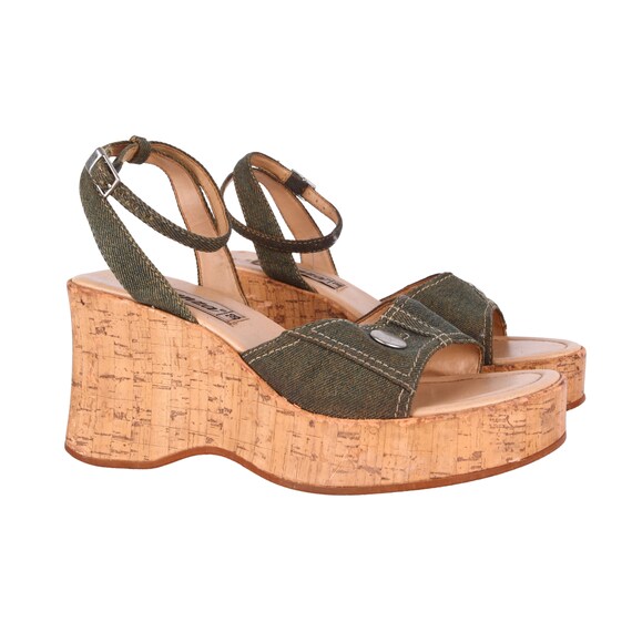 True 1990s Denim Heels With Cork Platforms / 90s sand… Gem