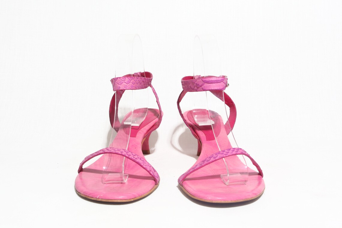 Y2K PINK HEELS / Pink Snakeskin Sandals / Low Heel / Slingback Etsy